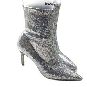 STUART WEITZMAN 85 Stretch Silver Sequin Bootie